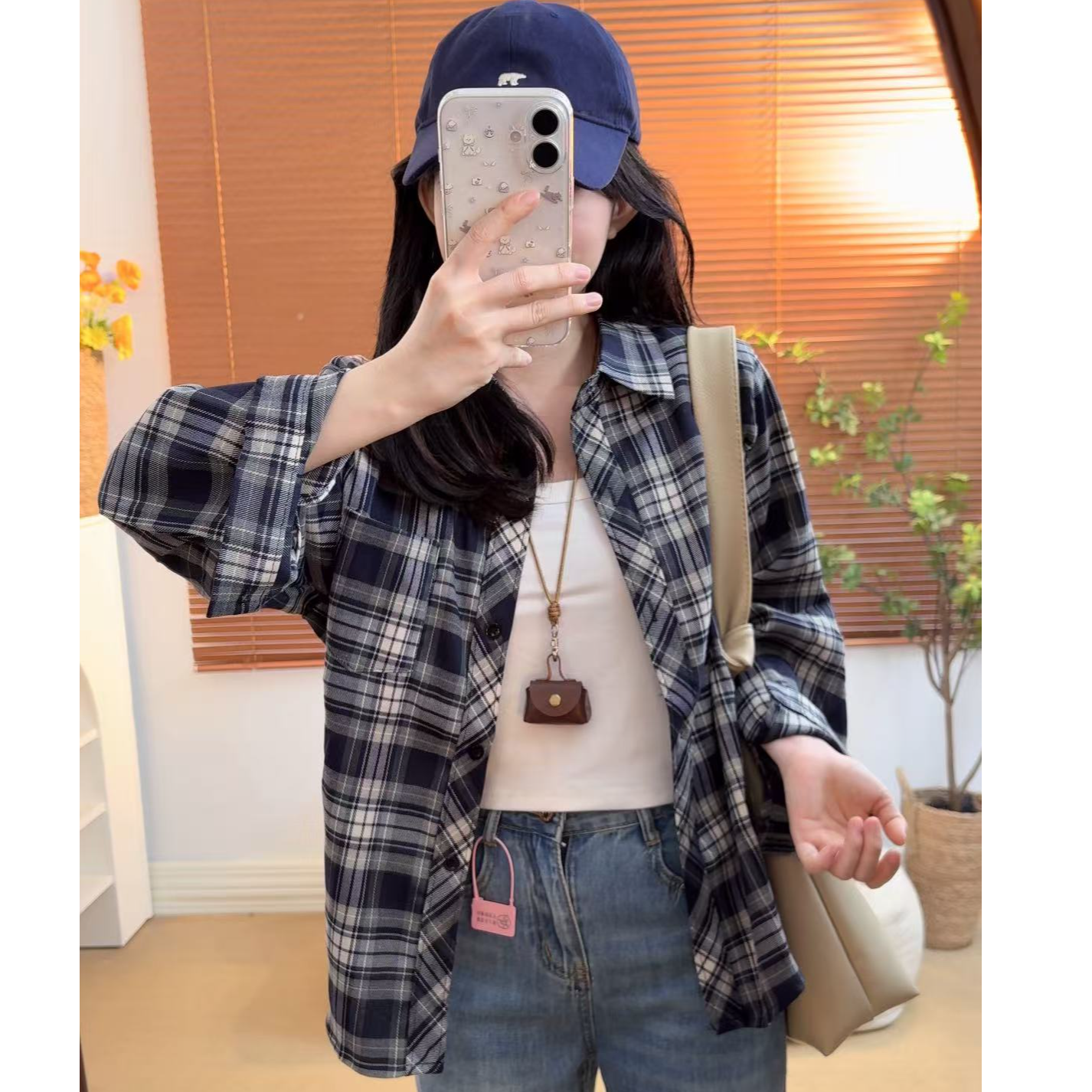 新款小个子港风复古格子衬衫上衣韩版polo领外套时尚休闲百705