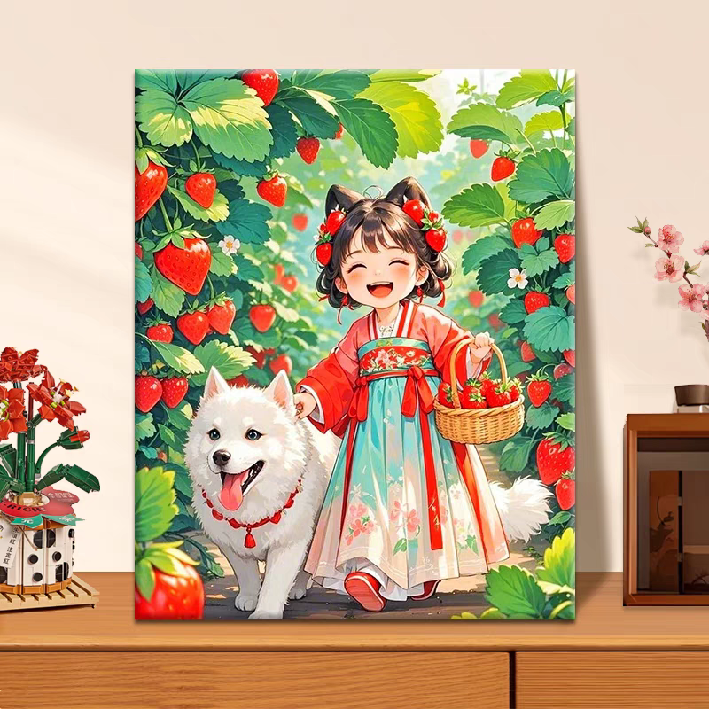 【摘草莓】大颗粒画布diy数字油画解压治愈手工涂色丙烯装饰画新款