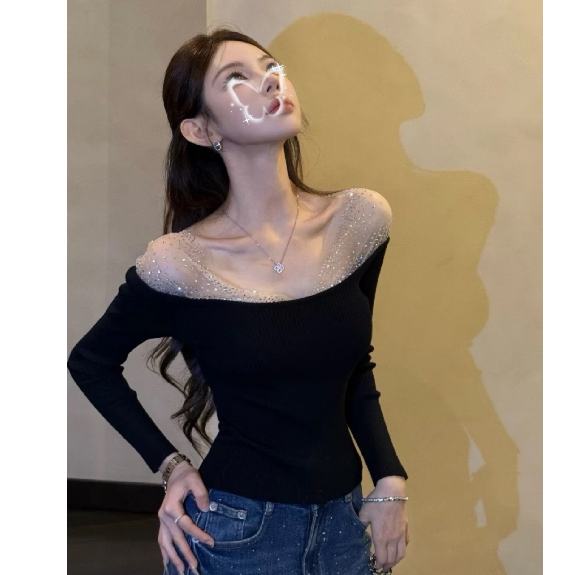 “星河璀璨”胖MM设计感重工烫钻V领气质显瘦打底上衣