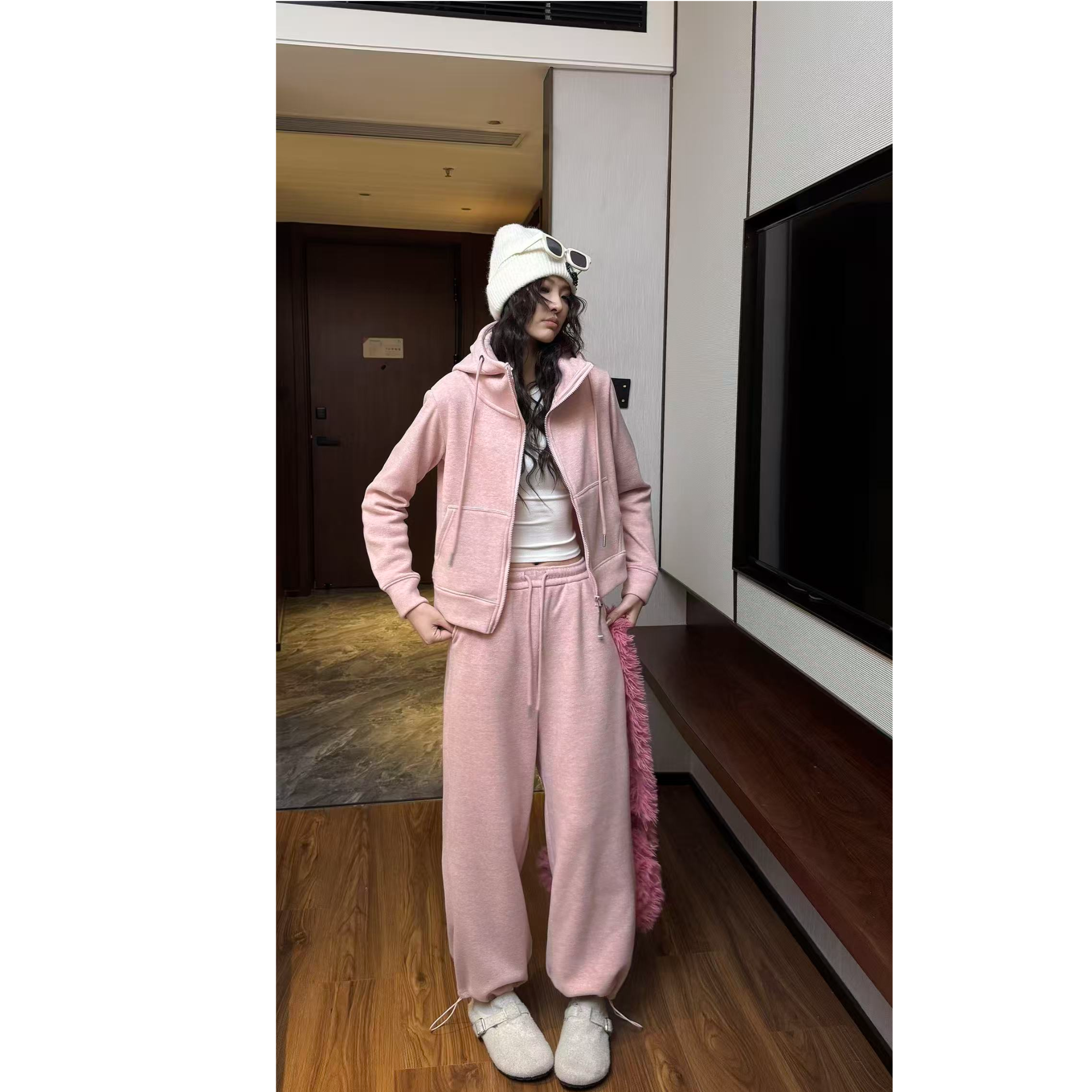 【momo】加绒时尚套装百搭休闲风极简风短款卫衣休闲韩版保暖