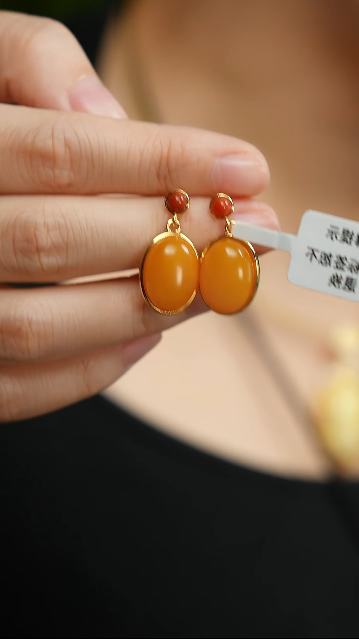 蜜蜡银S925镶嵌耳坠老蜡