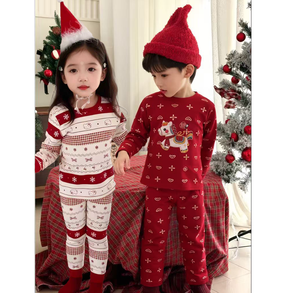 【月亮】西瓜档纯棉300克2026新年款儿童家居服套装红色秋衣秋裤