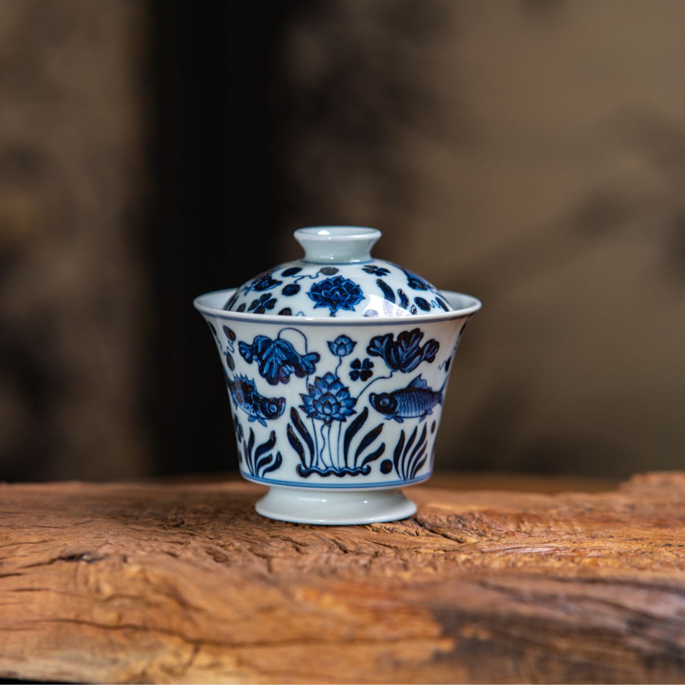 景德镇青花瓷鱼藻马蹄盖碗中式高档茶具