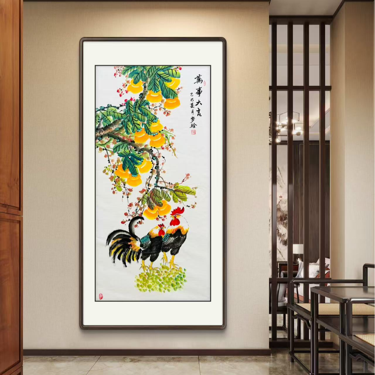 《万事大吉》四尺竖幅柿子大公鸡纯手绘玄关挂画文玩探宝作品