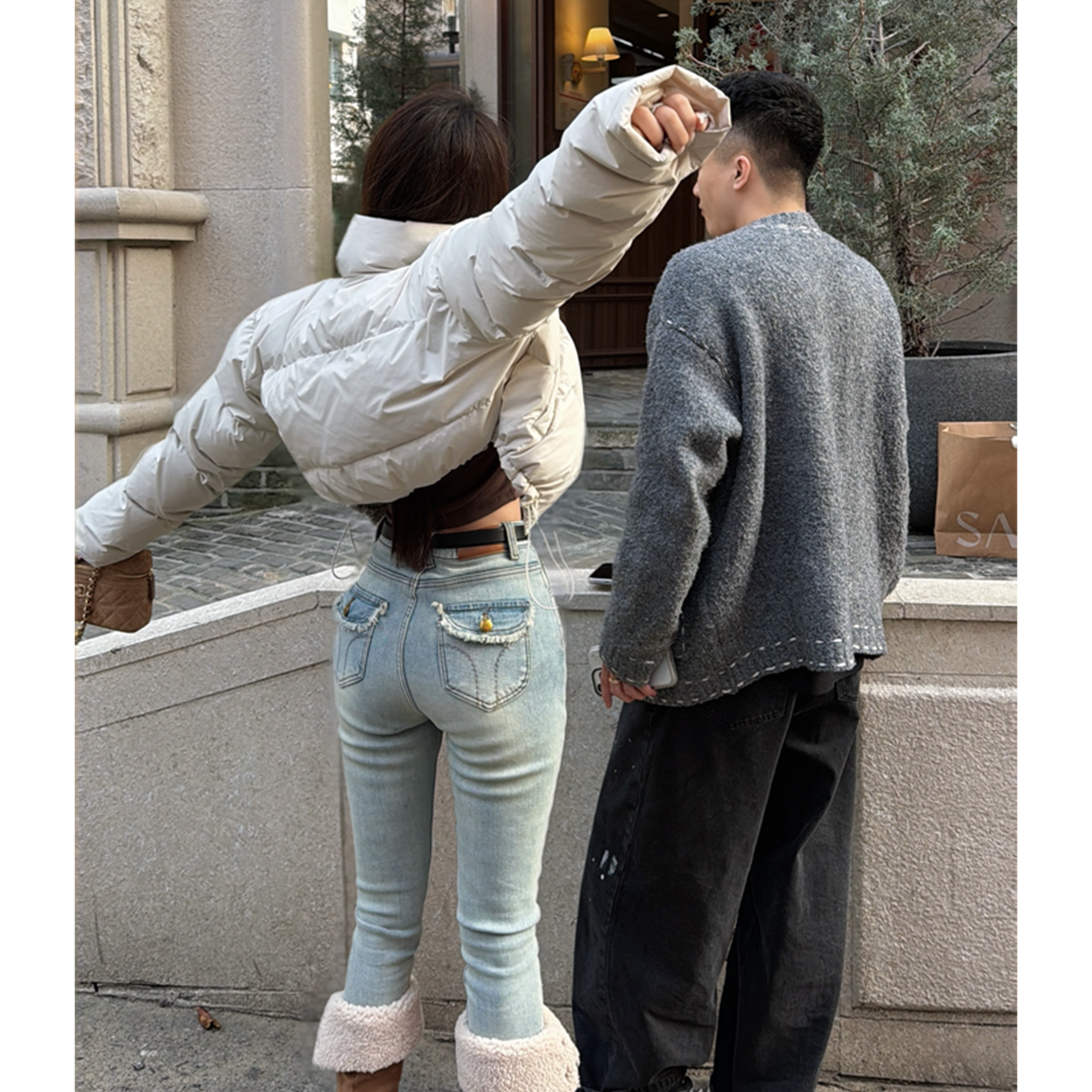 21 DEGREES米色短款羽绒服咖灰色假两件长袖T浅蓝色加绒小脚裤