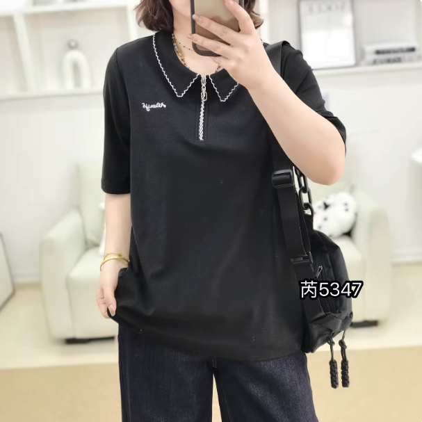 【芮娜依莲】26春季新款高品质设计师打板polo领子T恤-5347