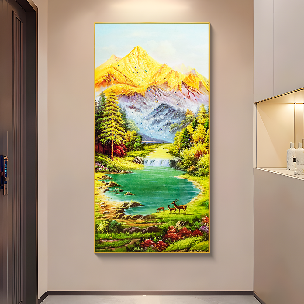 玄关装饰画入户正对门高端大气过道挂画风景壁画聚宝盆山80160