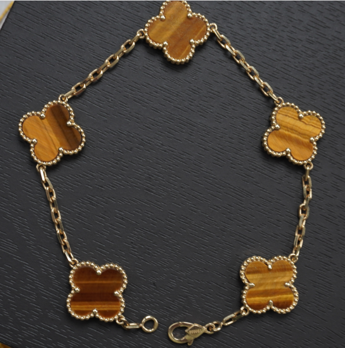 18K重金精工版虎眼石五花时尚百搭气质轻奢四叶草手镯手链15mm