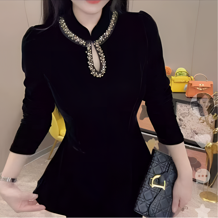 新款面膜加厚丝绒重工串珠显瘦长袖气质上衣女打底9381