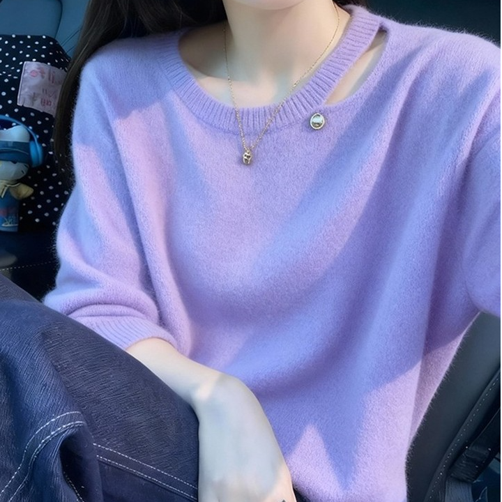 韩系氛围感独特漂亮针织宽松显瘦多巴胺紫色镂空套头长袖毛衣女潮