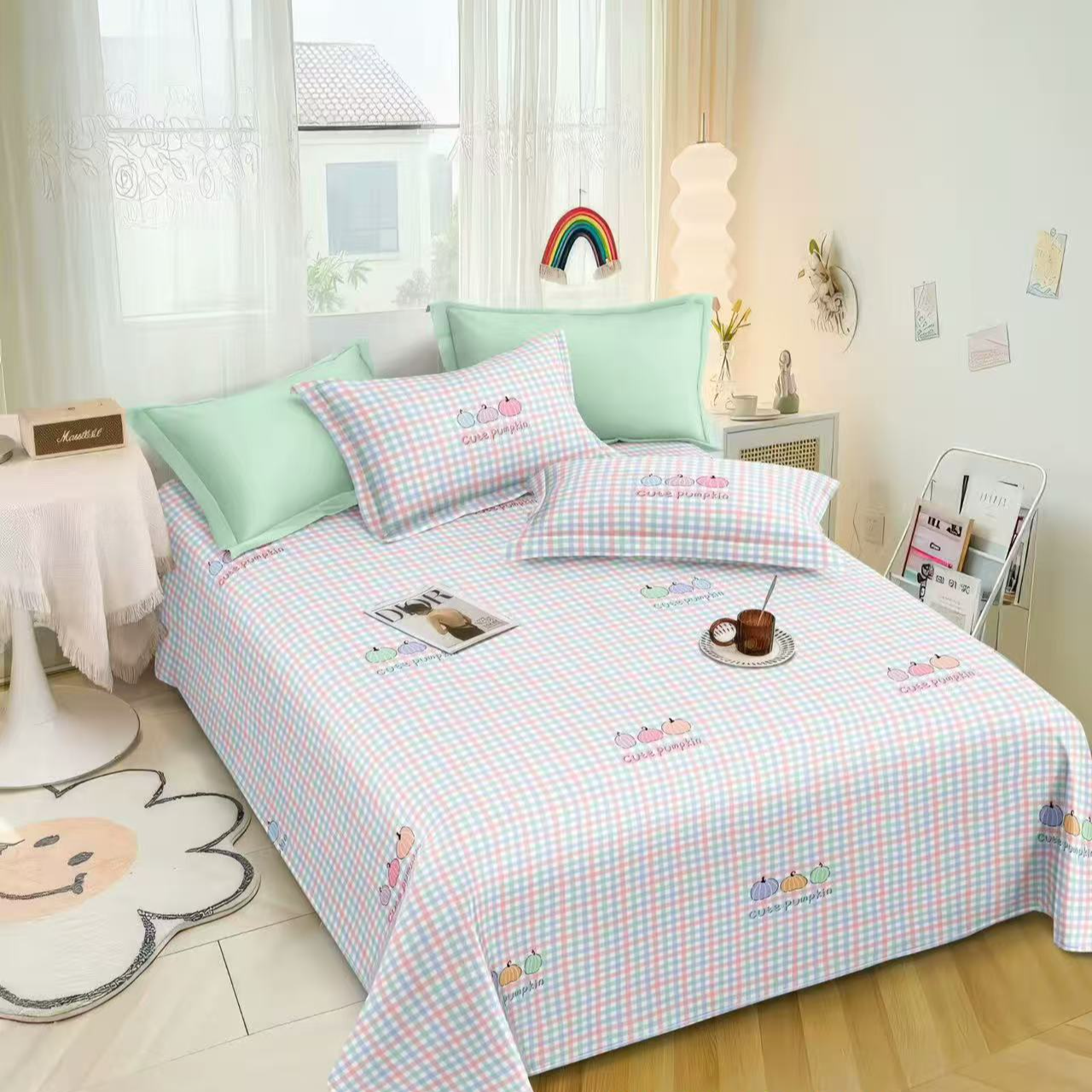 【山东老粗布三件套】软凉席老粗布双人床单亲肤耐用-格子南瓜