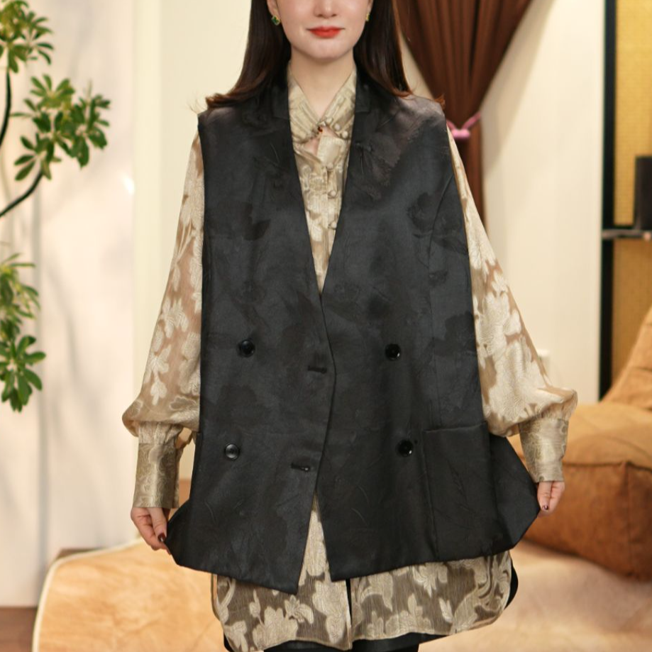 【玉洁定制】“见萩”香云纱提花年轻马甲新中式黑色马夹LBW24071