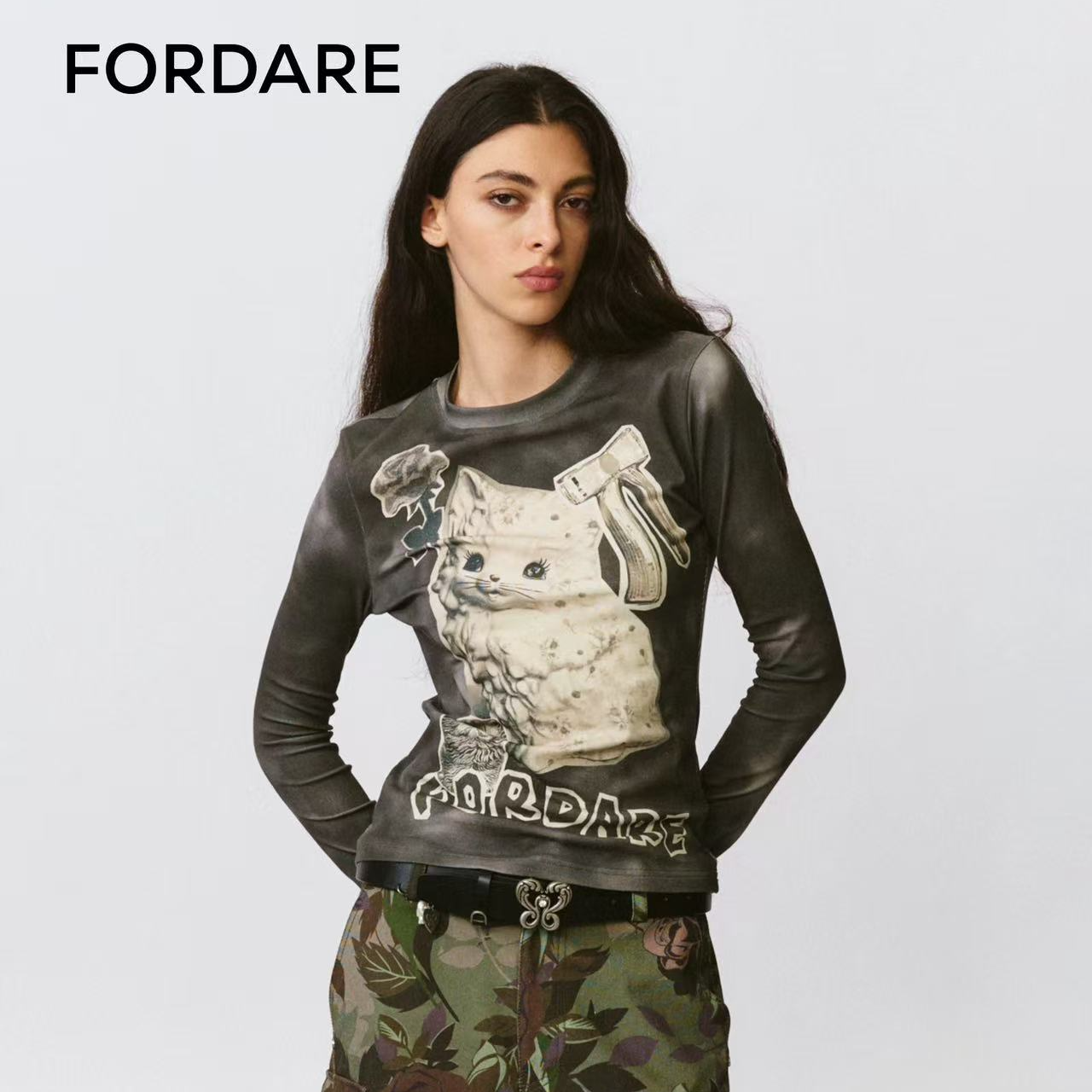 FORDARE/福蝶2秋冬复古碎花陶瓷小猫打底衫899