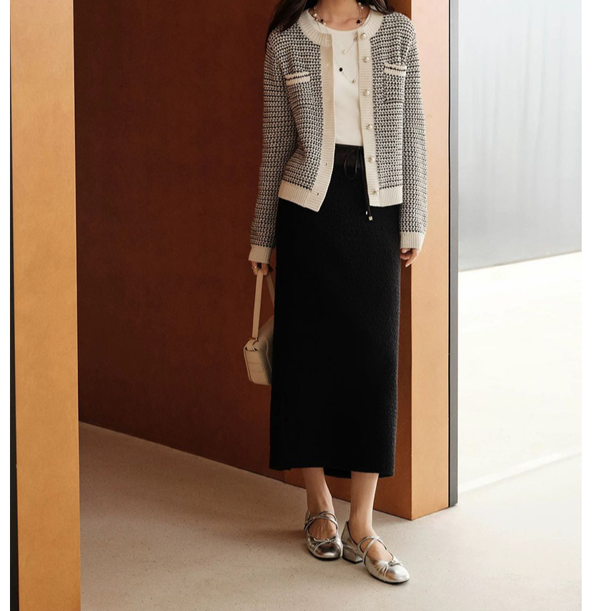 宝丫轻奢  女式通勤气质抽绳拼接直筒开叉花呢半身裙W211