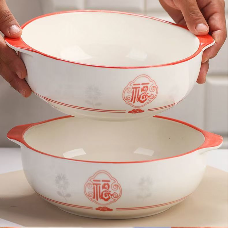 景德陶瓷双耳福字碗两只带勺