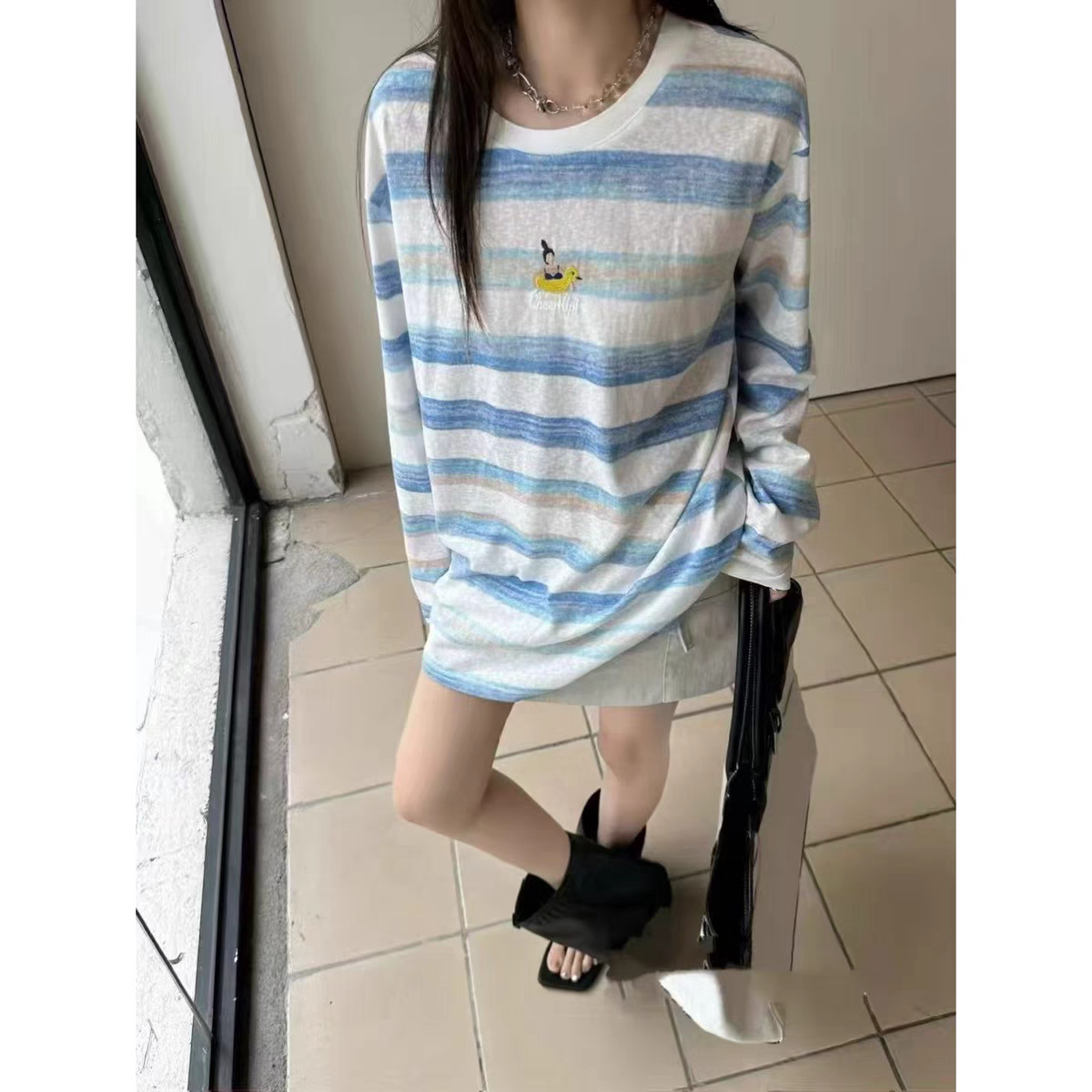 【涵涵家】海盐汽水·夏季圆领长袖撞色条纹防晒长袖T#1683