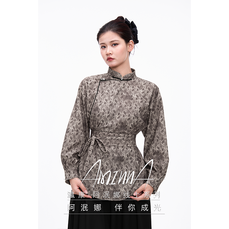 【阿泯娜】衬衫女 中式立领盘扣收腰系带复古春秋长袖上衣37532CC21