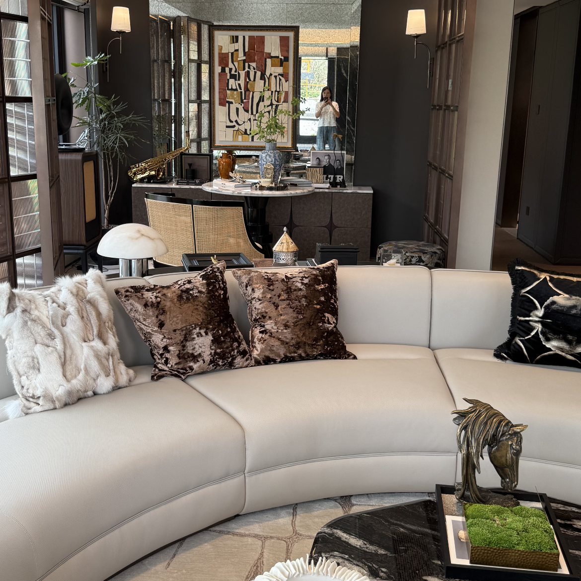 客厅浅色沙发抱枕靠垫搭配轻奢高级感黑咖金色百搭狐狸毛