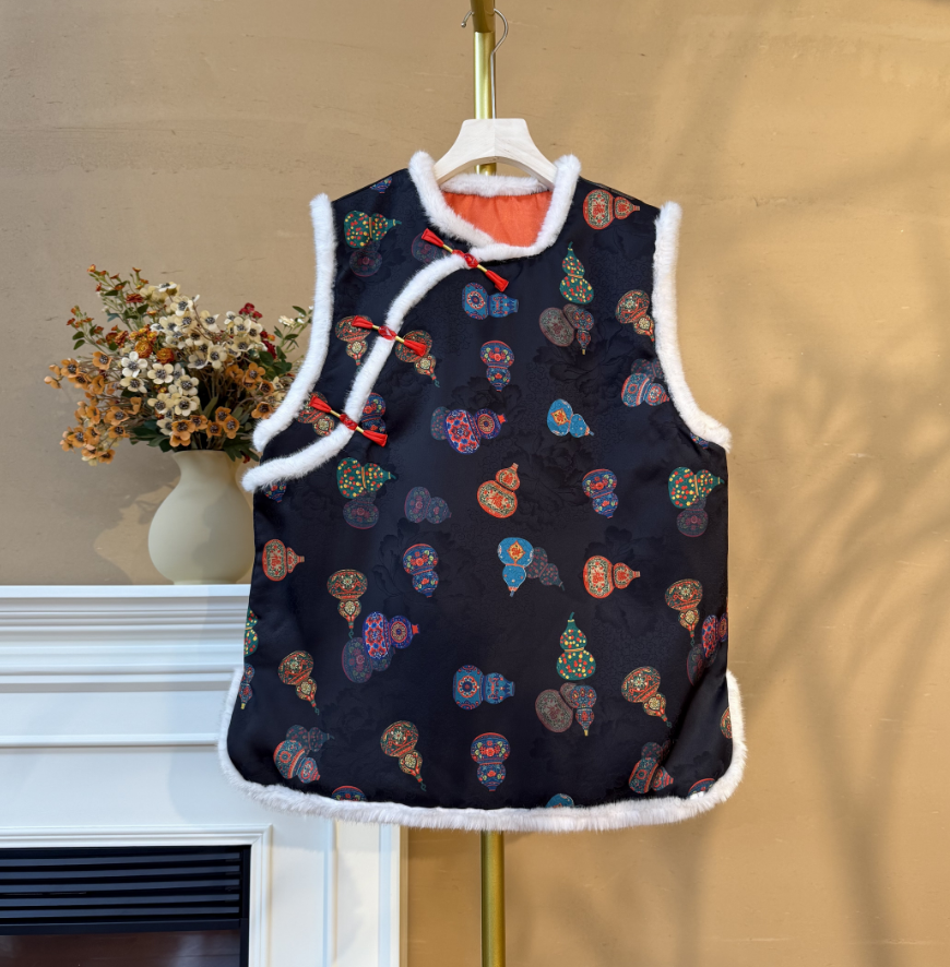 [浩渺]Q200冬季新款女士印花棉马甲复古国风棉马夹外套