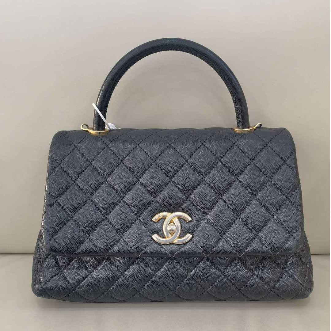 95新 Chanel/香奈儿 黑金荔枝皮cocohandle中号 单肩包 12534041
