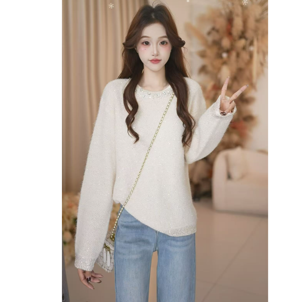 BasicHouse百家好气质时尚百搭针织圆领镶钻毛衣B1385B5E0O2