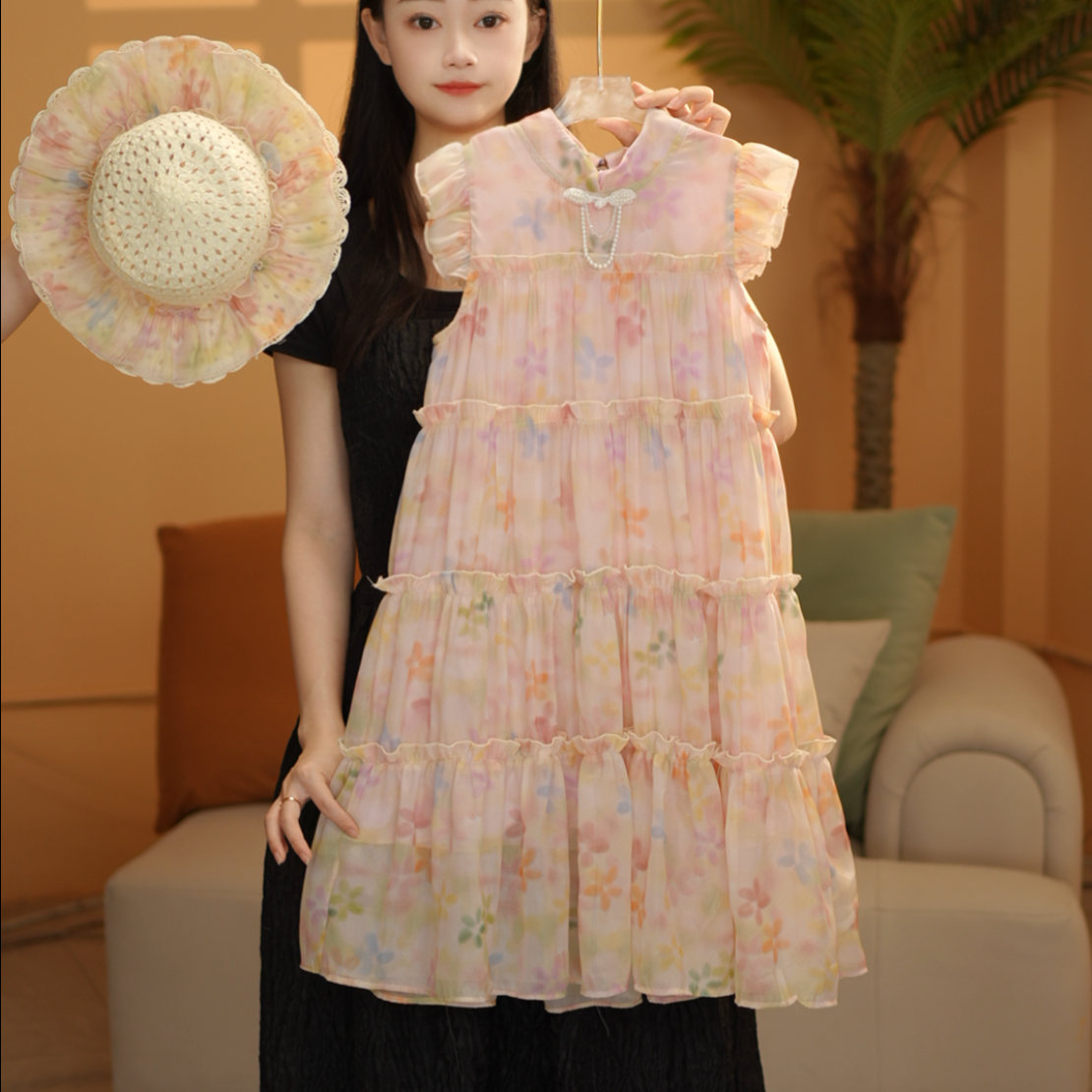 女童连衣裙2025夏季新款甜美小飞袖花海女孩连衣裙测3