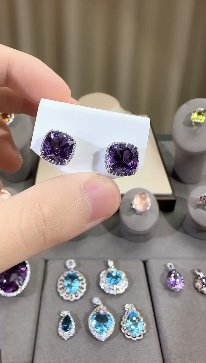 银S925镶嵌耳饰紫晶11mm耳钉简约设计款