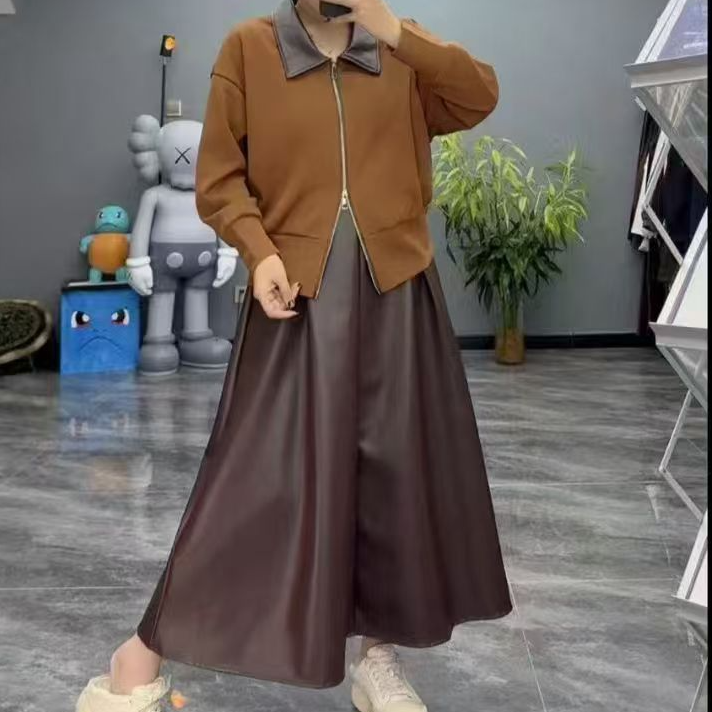 秋季大码美拉德翻领双拉链上衣+A字摆PU皮半身裙套装