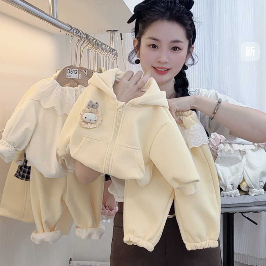 【奶黄甜崽】奶fufu秋冬新款女宝宝奶黄加绒分体套装巨好看