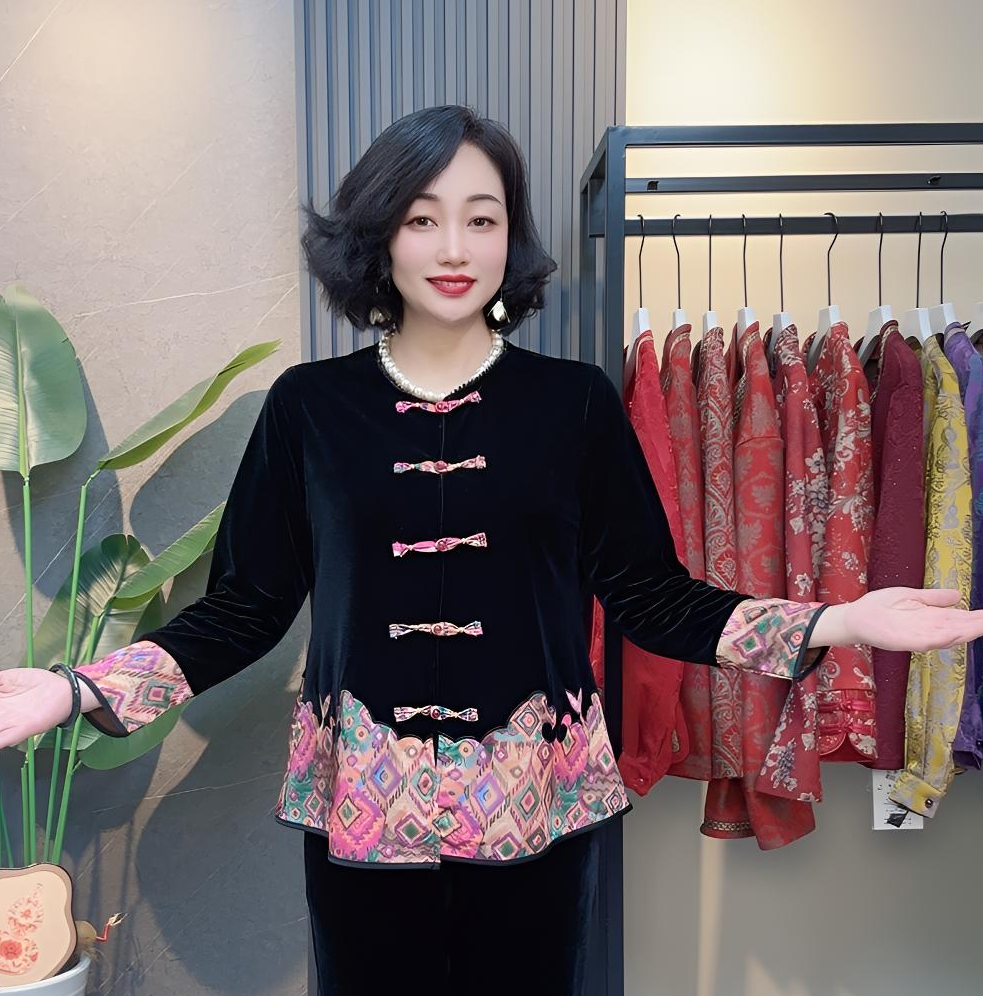 时尚妈妈丝绒烧花高档撞色设计长袖云朵开衫秋冬妈妈装上衣洋气