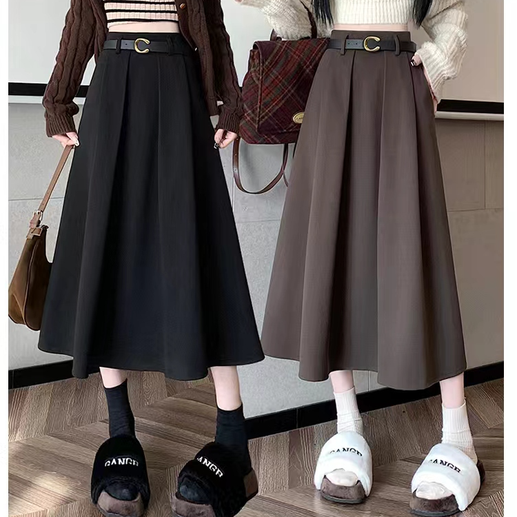 【送皮带】毛呢加厚秋冬新款百褶裙赫本风半身裙高腰显瘦中长款女裙