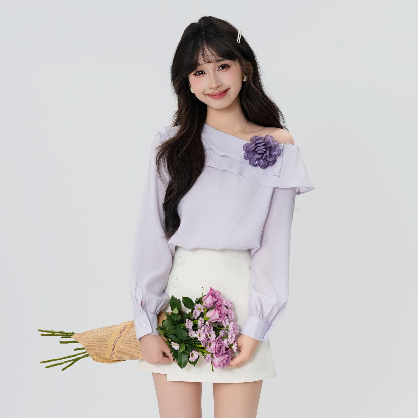 慕兔法式气质一字肩衬衫女2025秋季新款立体玫瑰花独特别致上衣