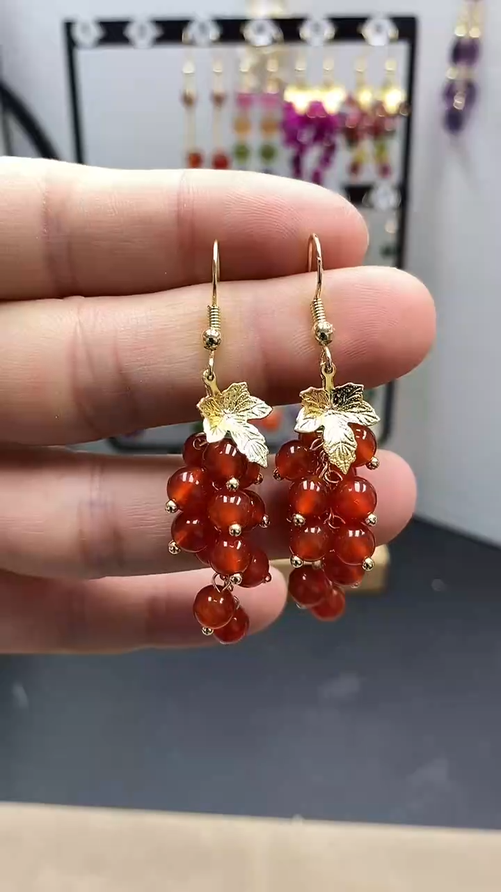 【闪购商品】南红玛瑙耳饰银S925镀金镶嵌尺寸6mm葡萄01
