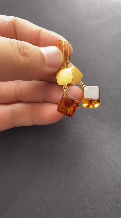 银S925镶嵌琥珀裸石花珀耳坠