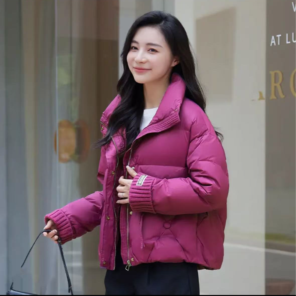 7728-女士五扣针织毛线袖拼接（车厘子红）羽绒服