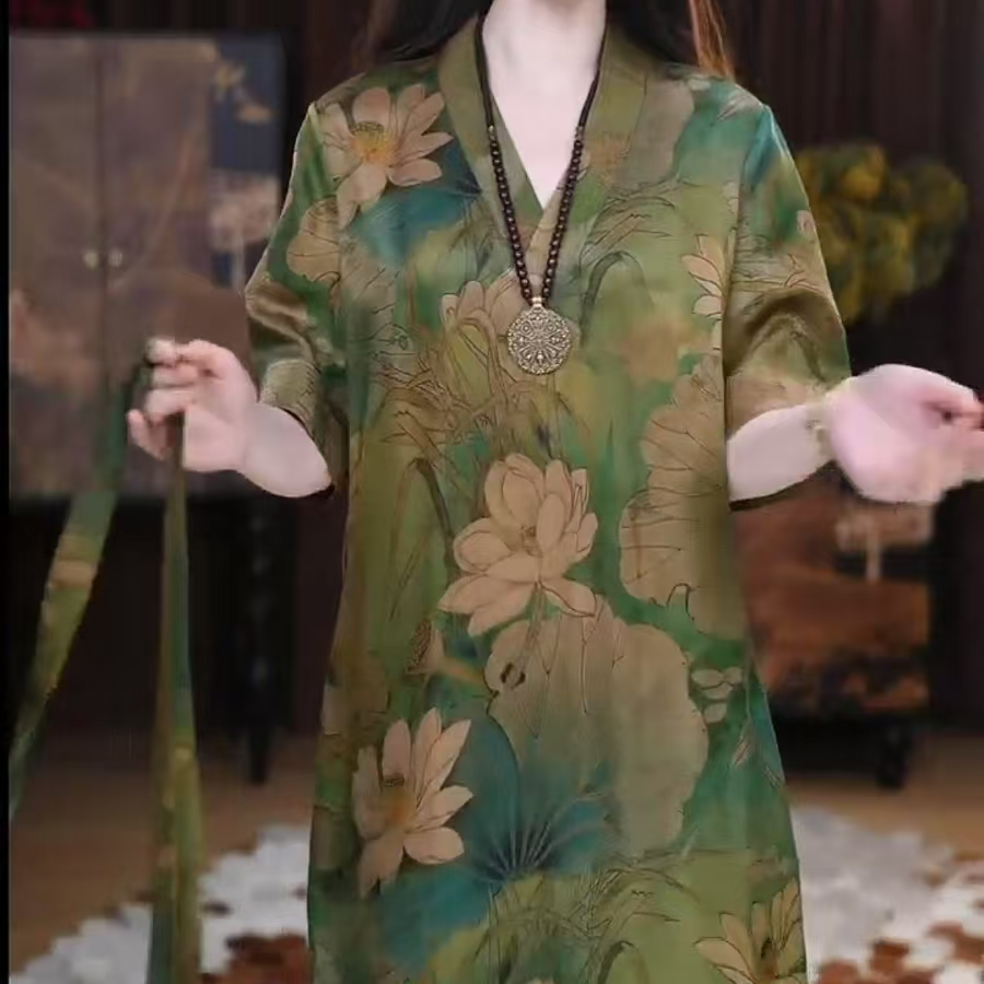 【诗言】香云纱重锻宽松春夏季时尚休闲百搭气质袍子国风复古连衣裙