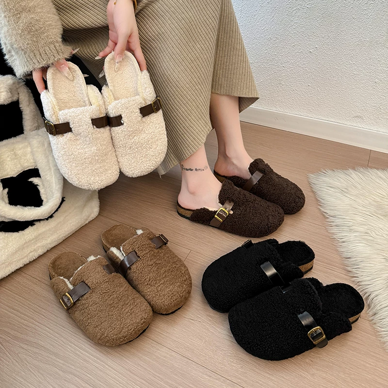 女外穿新款秋冬季一脚蹬保暖加绒包头拖鞋B18(拍大一码)