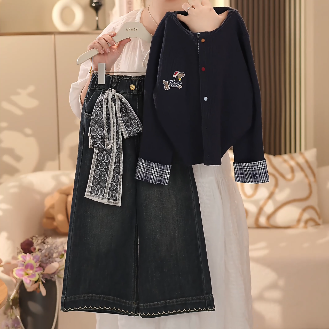 女童2025秋季新款洋气卡通彩扣毛衣开衫牛仔阔腿裤套装YY599