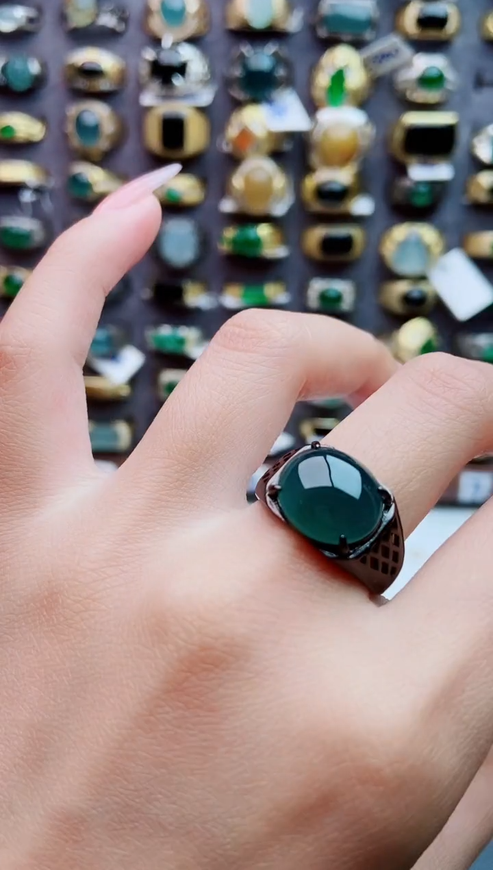 银S925镶嵌戒指翡翠天然翡翠男戒