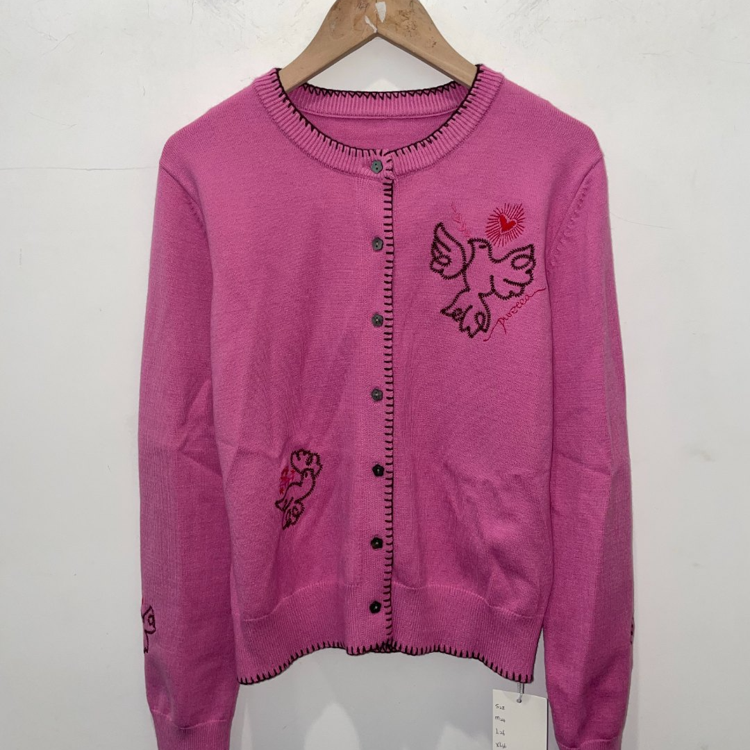 Y013 【简一一专属】玫红色开衫刺绣纯色长袖针织衫休闲百搭