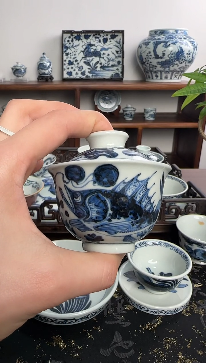 【闪购商品】摆件含真藏古迷你鱼藻小盖碗