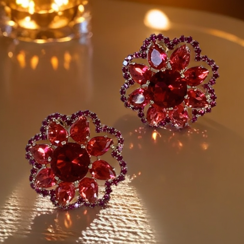 铜合金耳饰 1211树玫红色耳钉满钻耳环闪亮气质原创