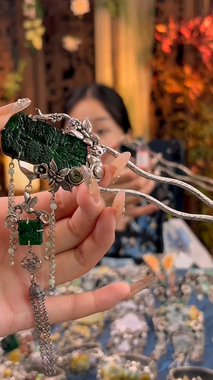 银S925镶嵌挂件翡翠发簪