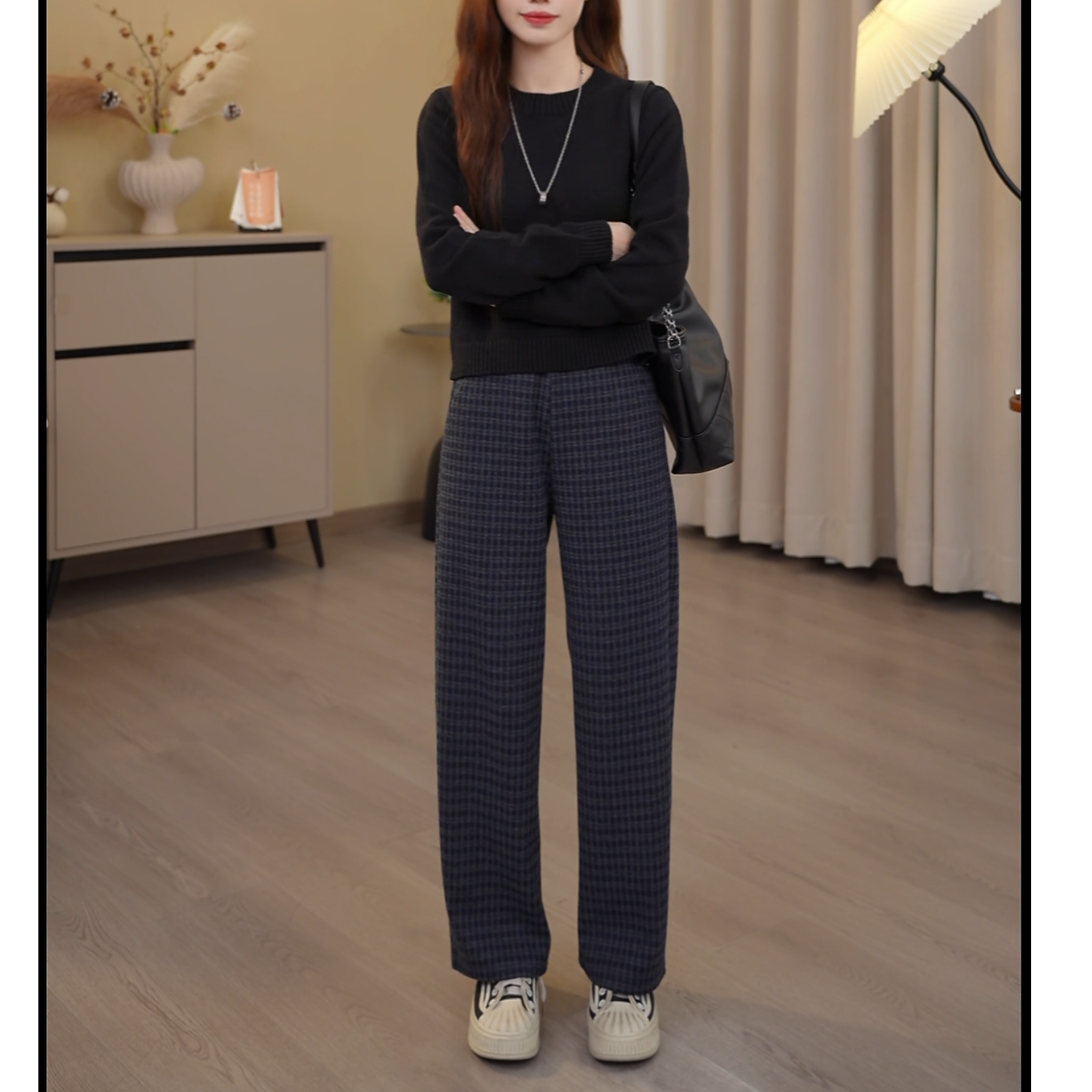 小个子镰刀裤蓝格显瘦加绒高腰弯刀休闲裤宽松外穿裤子格纹休闲裤