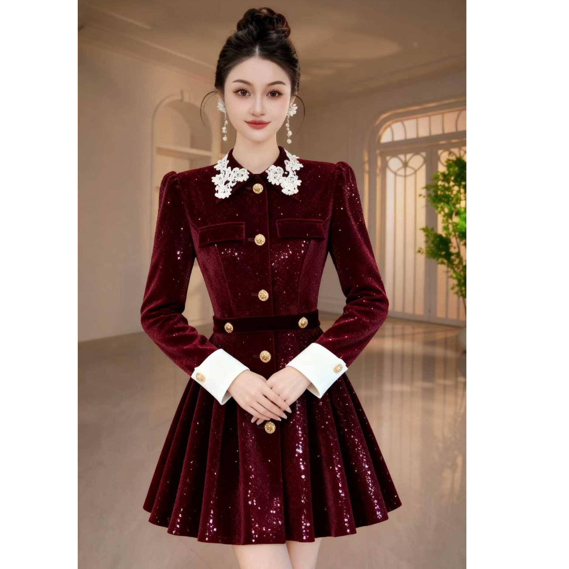 【显瘦定制】设计师新款法式千金风气质连衣裙小个子收腰冬季61555