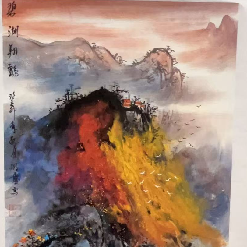 国画作品-四开三-碧湖翔鹤
