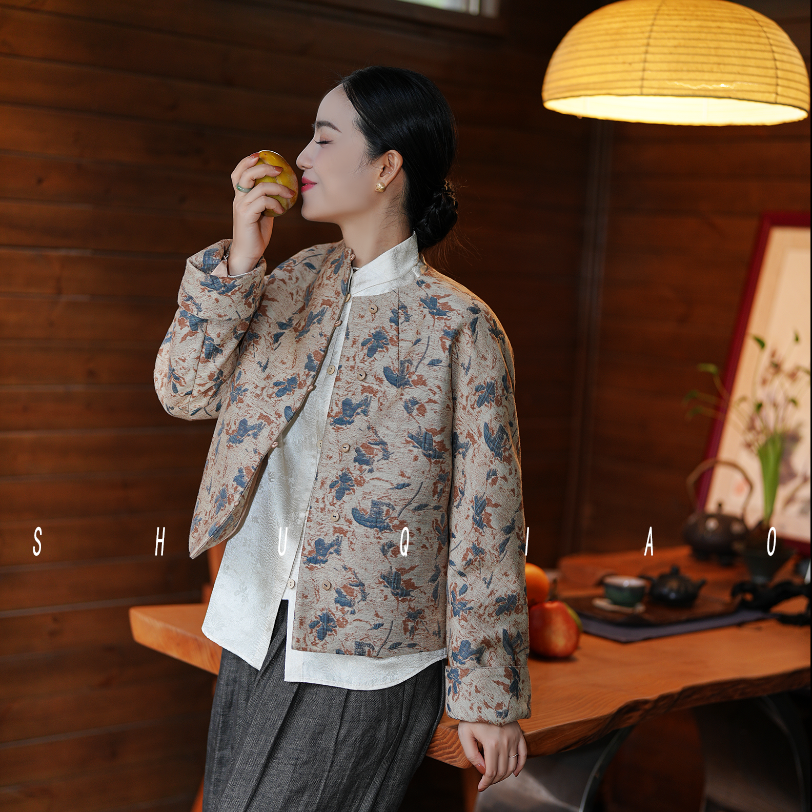 蜀俏【绪风】羊毛人丝提花短外套新中式国风复古百搭棉袄加棉上衣