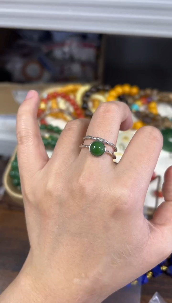 银S925镶嵌戒指和田玉和田玉碧玉意式双层银镶嵌戒指[84]