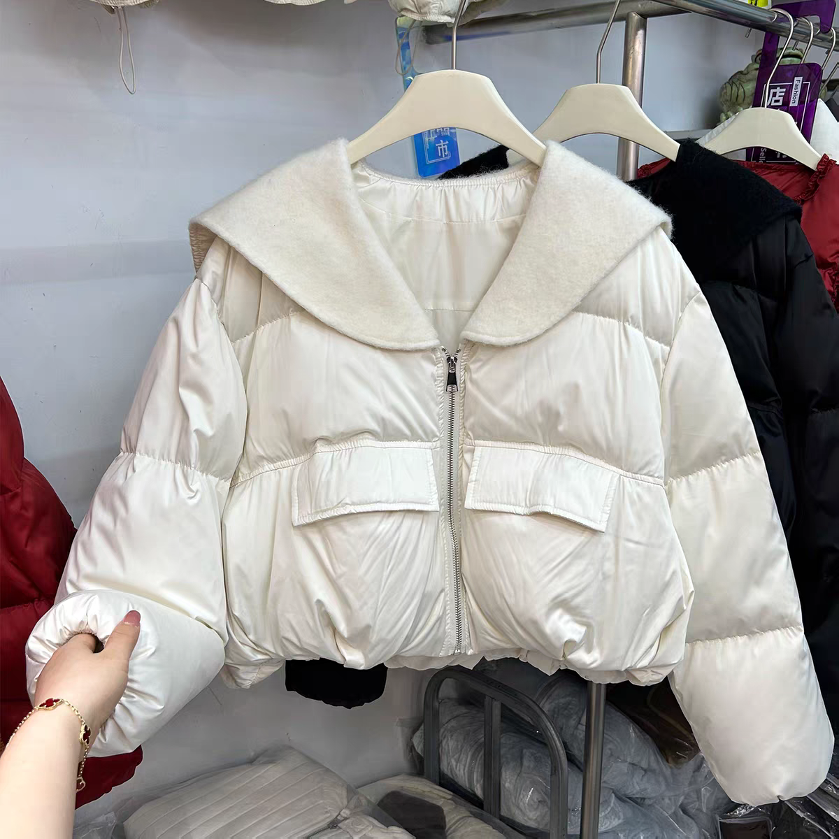 5628#y毛呢拼接翻领保暖外套女小个子短款高级感洋气