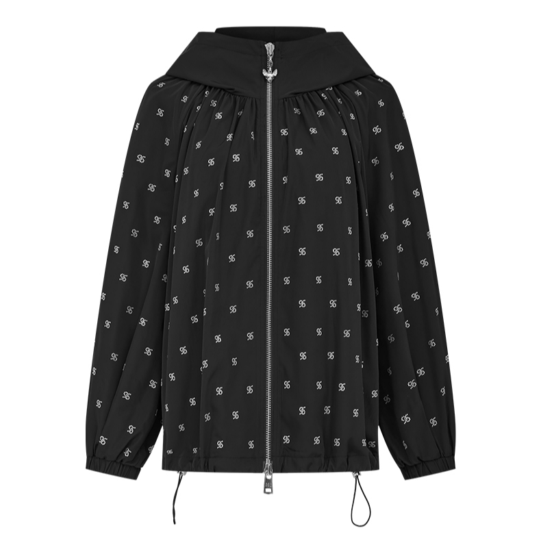 【婷婷专属】曼德诗中长款风衣2024春装新款满印宽松连帽拉链外套